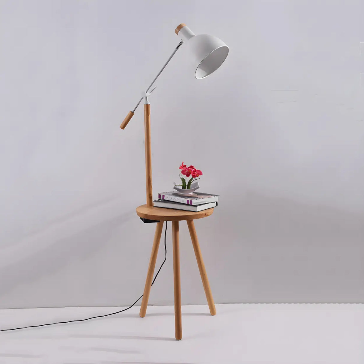 Adjustable Dome Wooden Floor Lamp with Side Table Image - 11