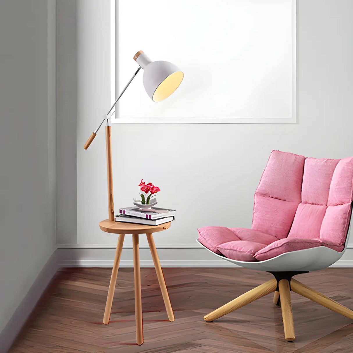 Adjustable Dome Wooden Floor Lamp with Side Table Image - 3