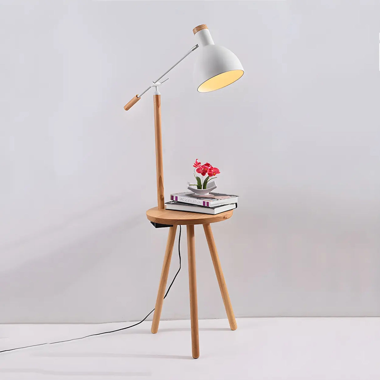 Adjustable Dome Wooden Floor Lamp with Side Table Image - 9