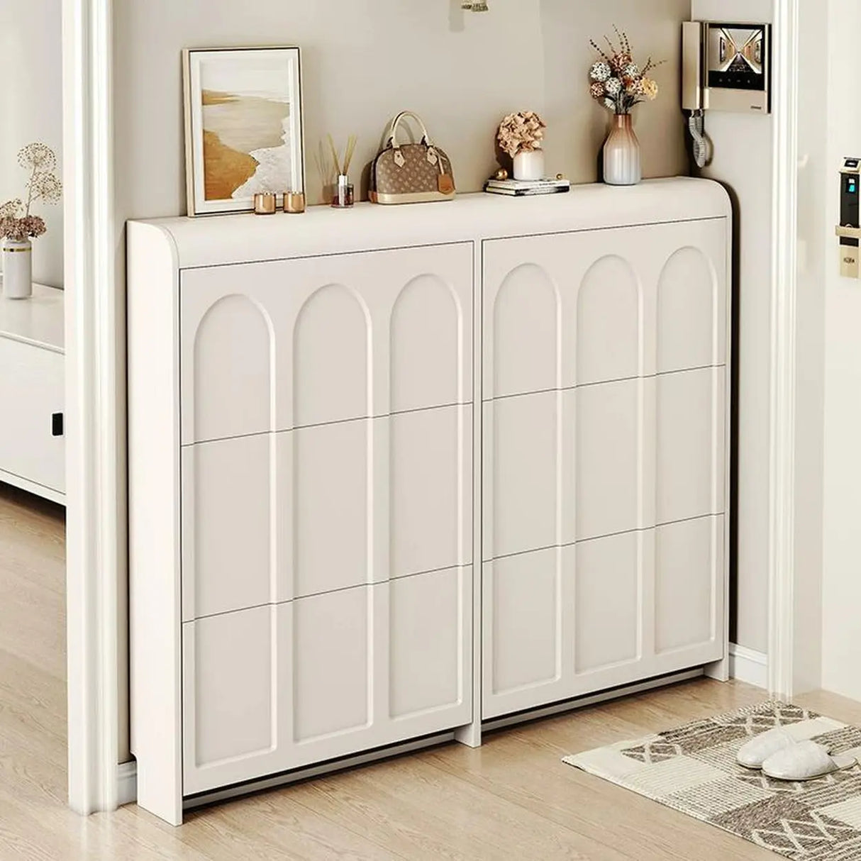 Adjustable Entryway White Drop Front Shoe Storage Cabinet Image - 1