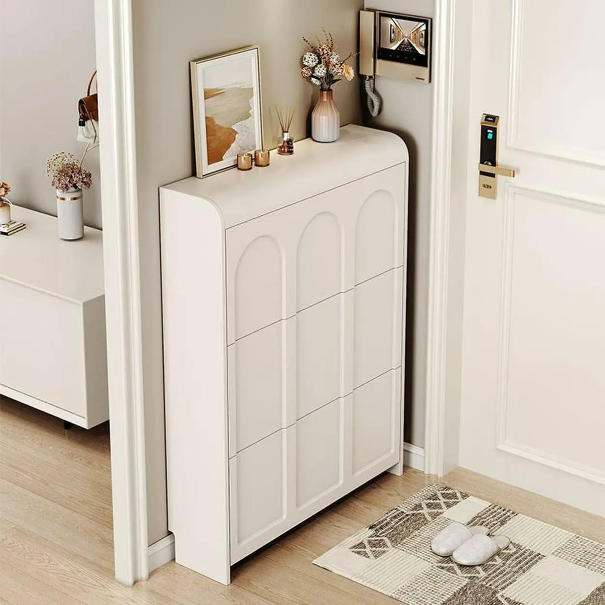 Adjustable Entryway White Drop Front Shoe Storage Cabinet Image - 10