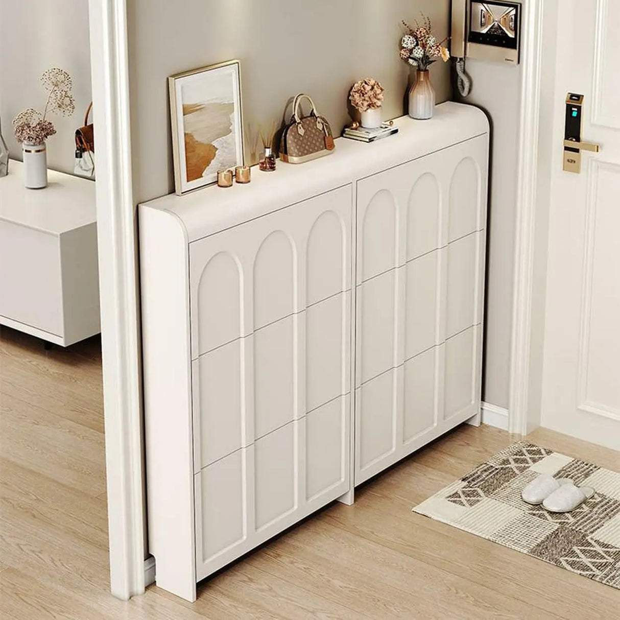 Adjustable Entryway White Drop Front Shoe Storage Cabinet Image - 11