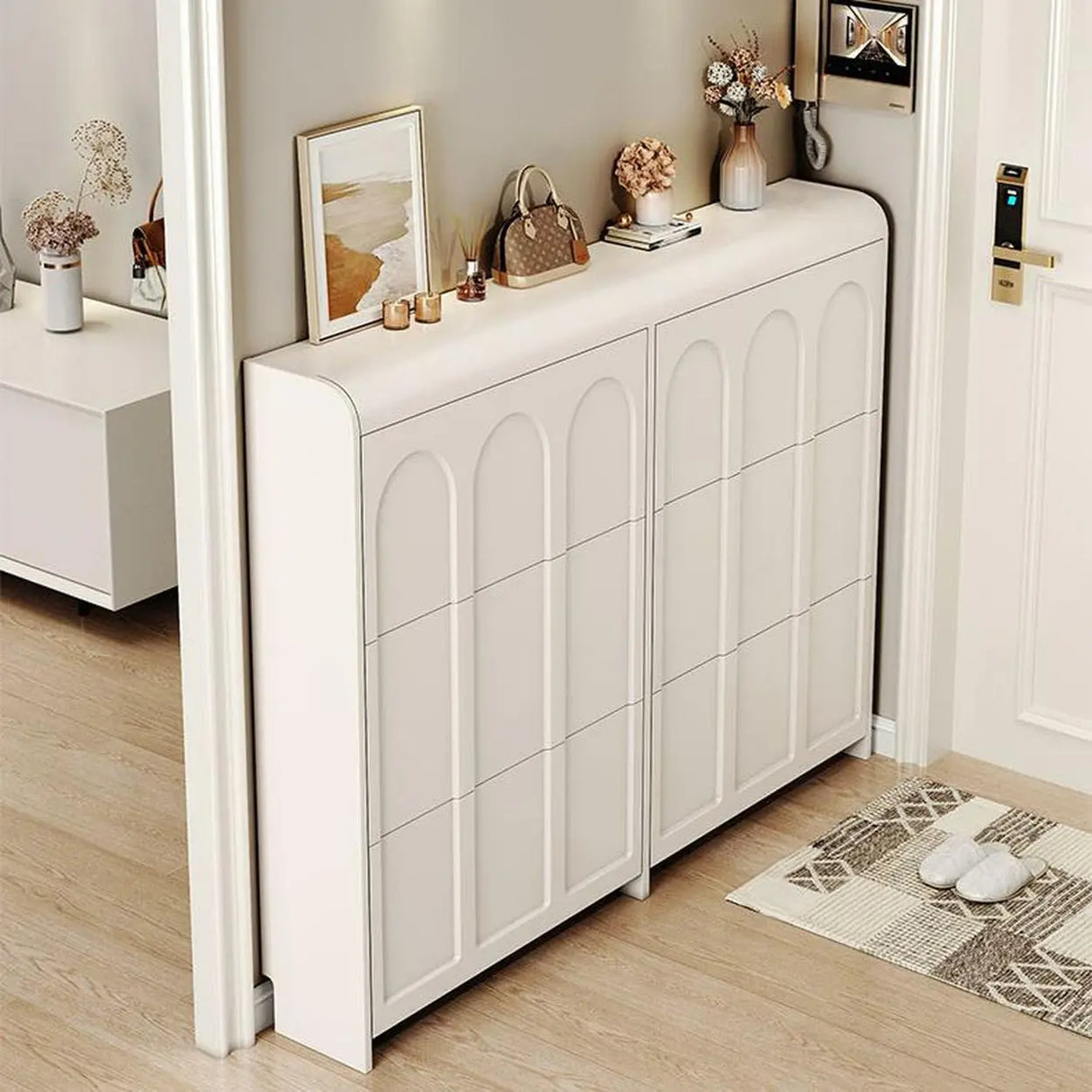 Adjustable Entryway White Drop Front Shoe Storage Cabinet Image - 12
