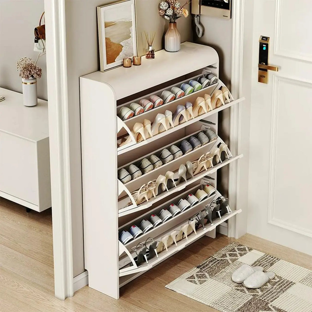 Adjustable Entryway White Drop Front Shoe Storage Cabinet Image - 2