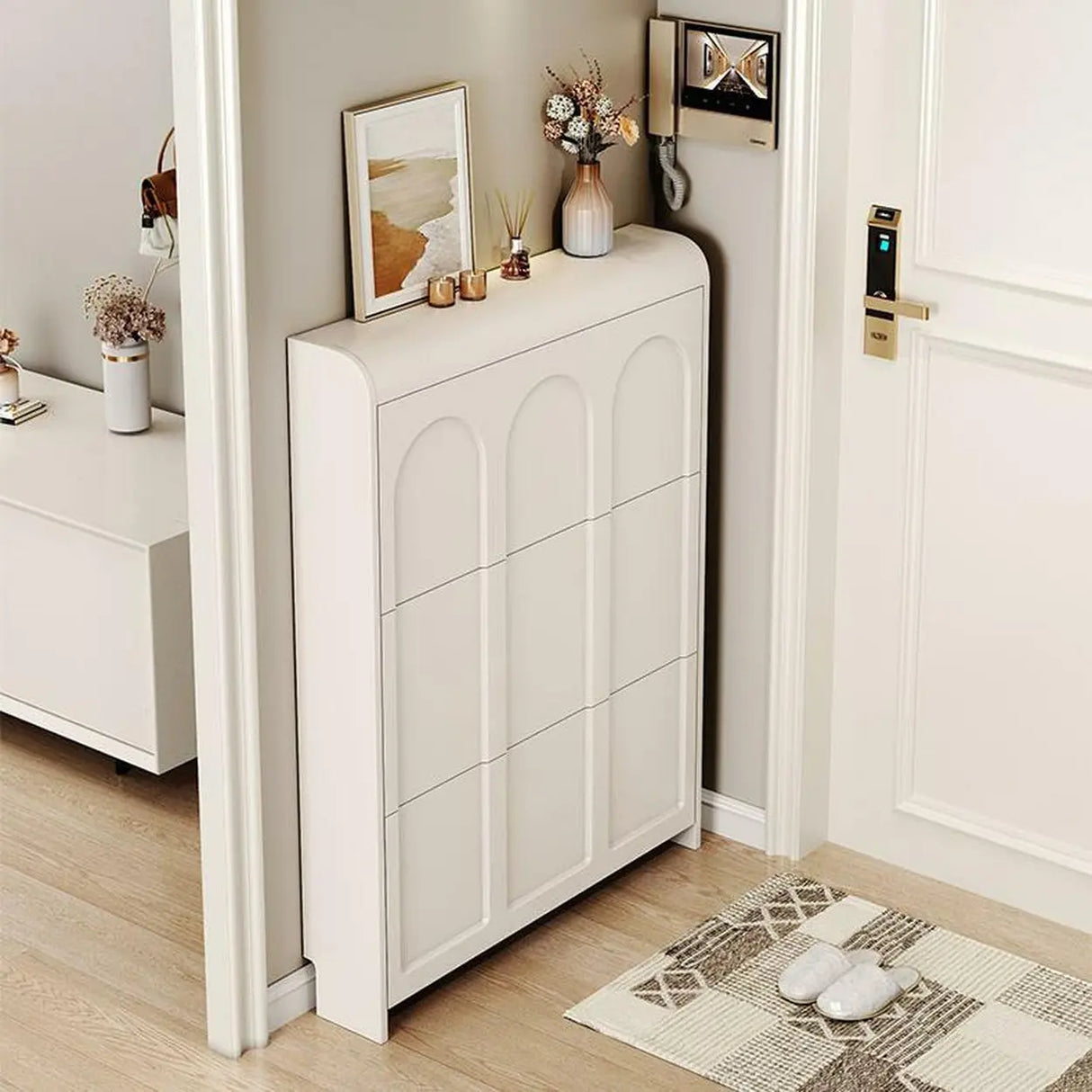 Adjustable Entryway White Drop Front Shoe Storage Cabinet Image - 9