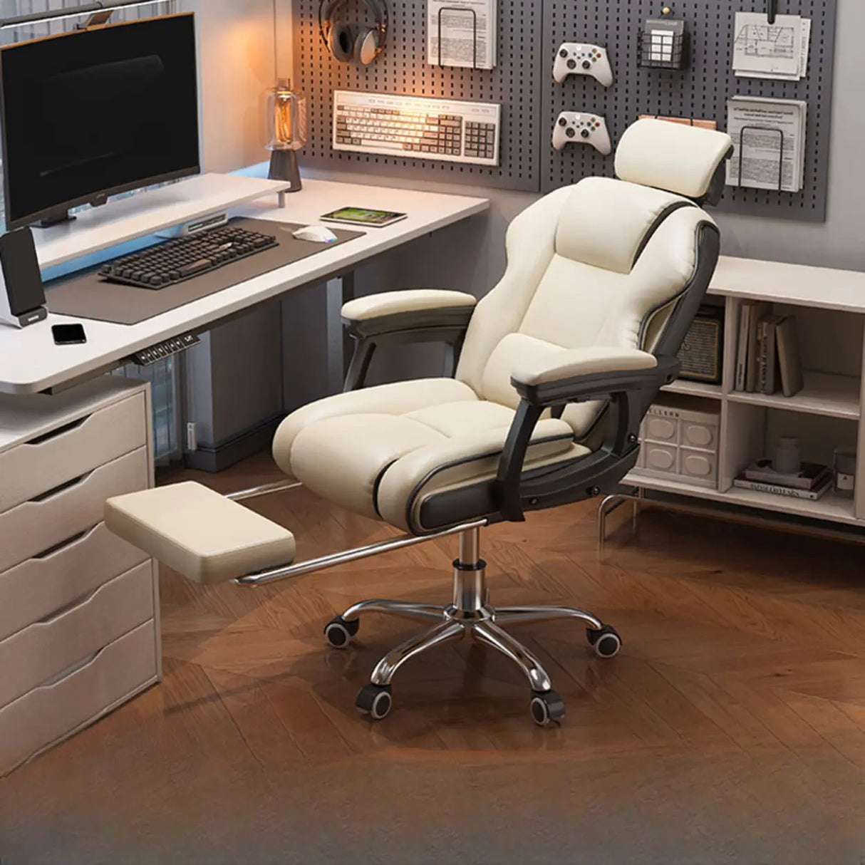 Adjustable Ergonomic Leather Footrest Cream Office Chair Image - 1