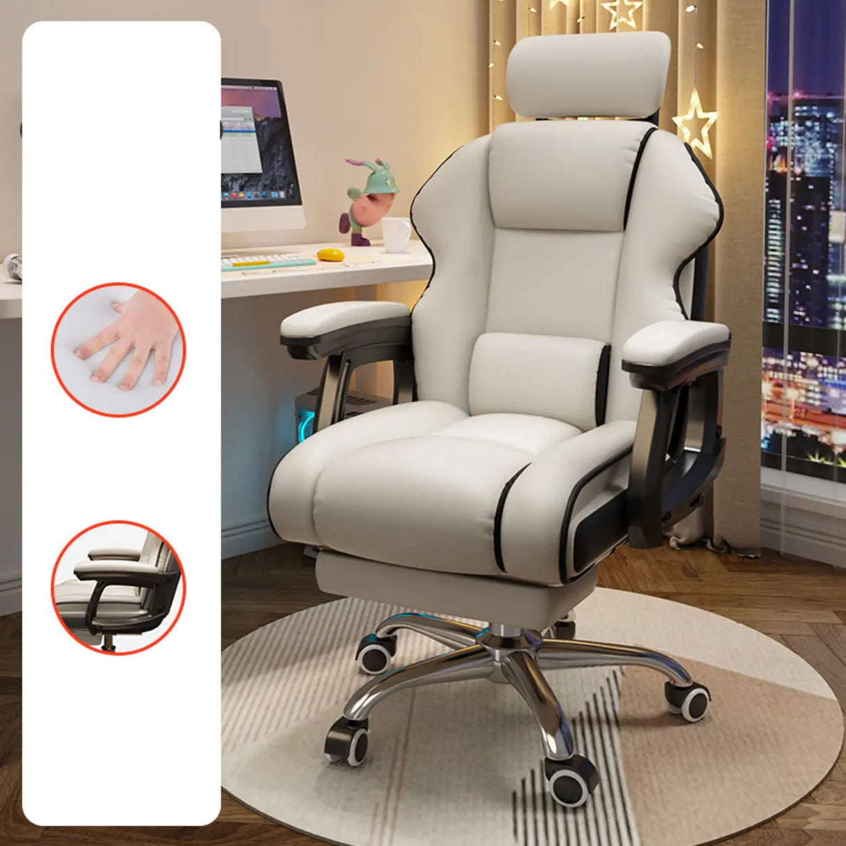 Adjustable Ergonomic Leather Footrest Cream Office Chair Image - 11