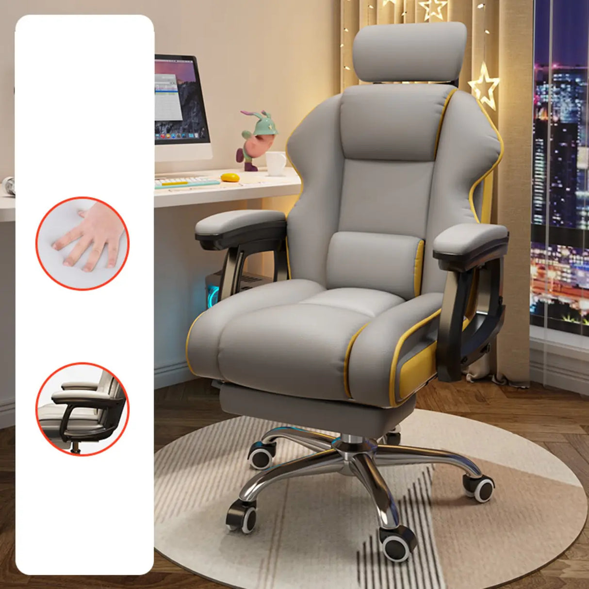 Adjustable Ergonomic Leather Footrest Cream Office Chair Image - 14