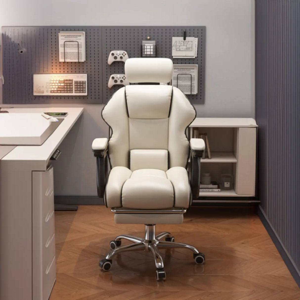 Adjustable Ergonomic Leather Footrest Cream Office Chair Image - 4