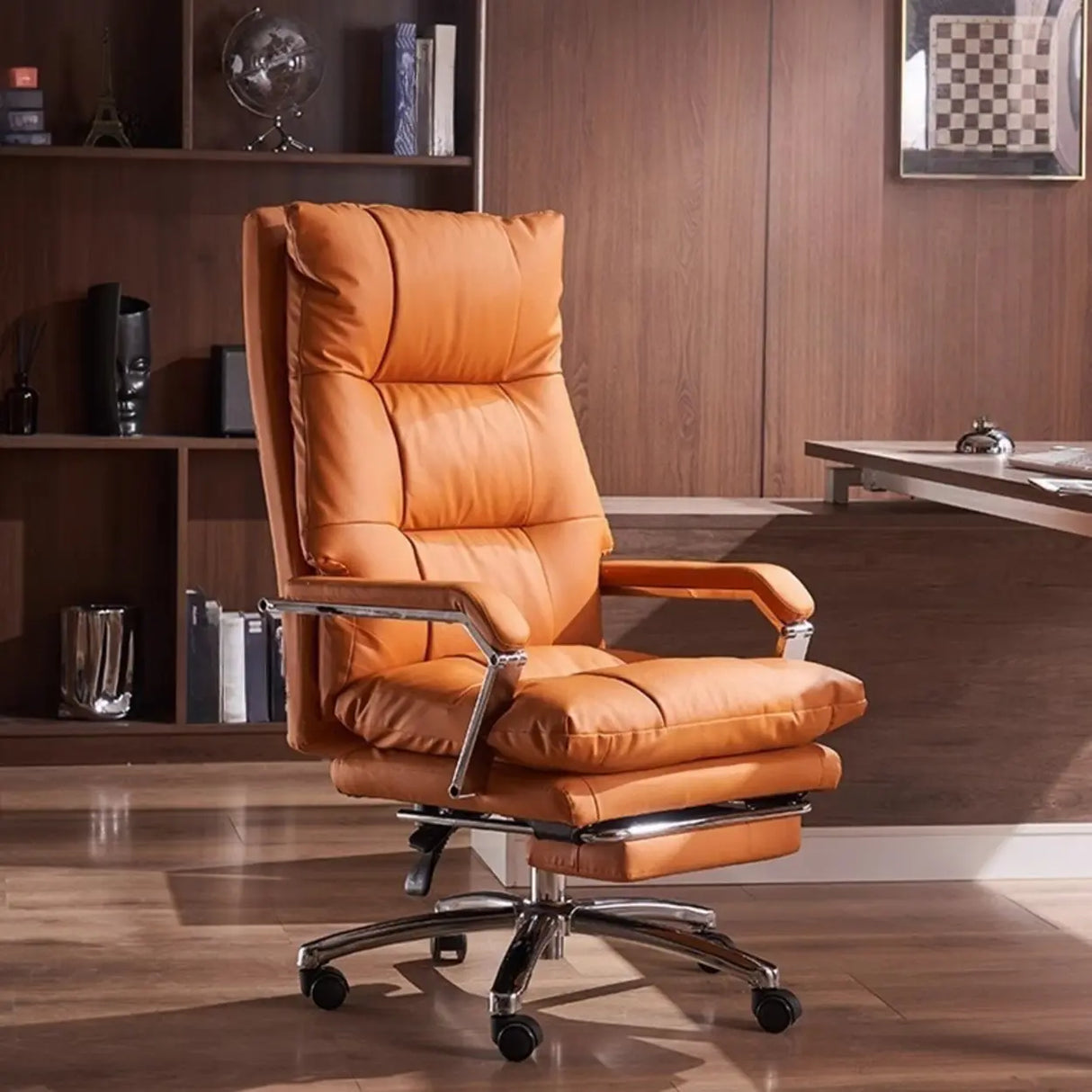 Adjustable Ergonomic Leather Orange Footrest Office Chair Image - 1