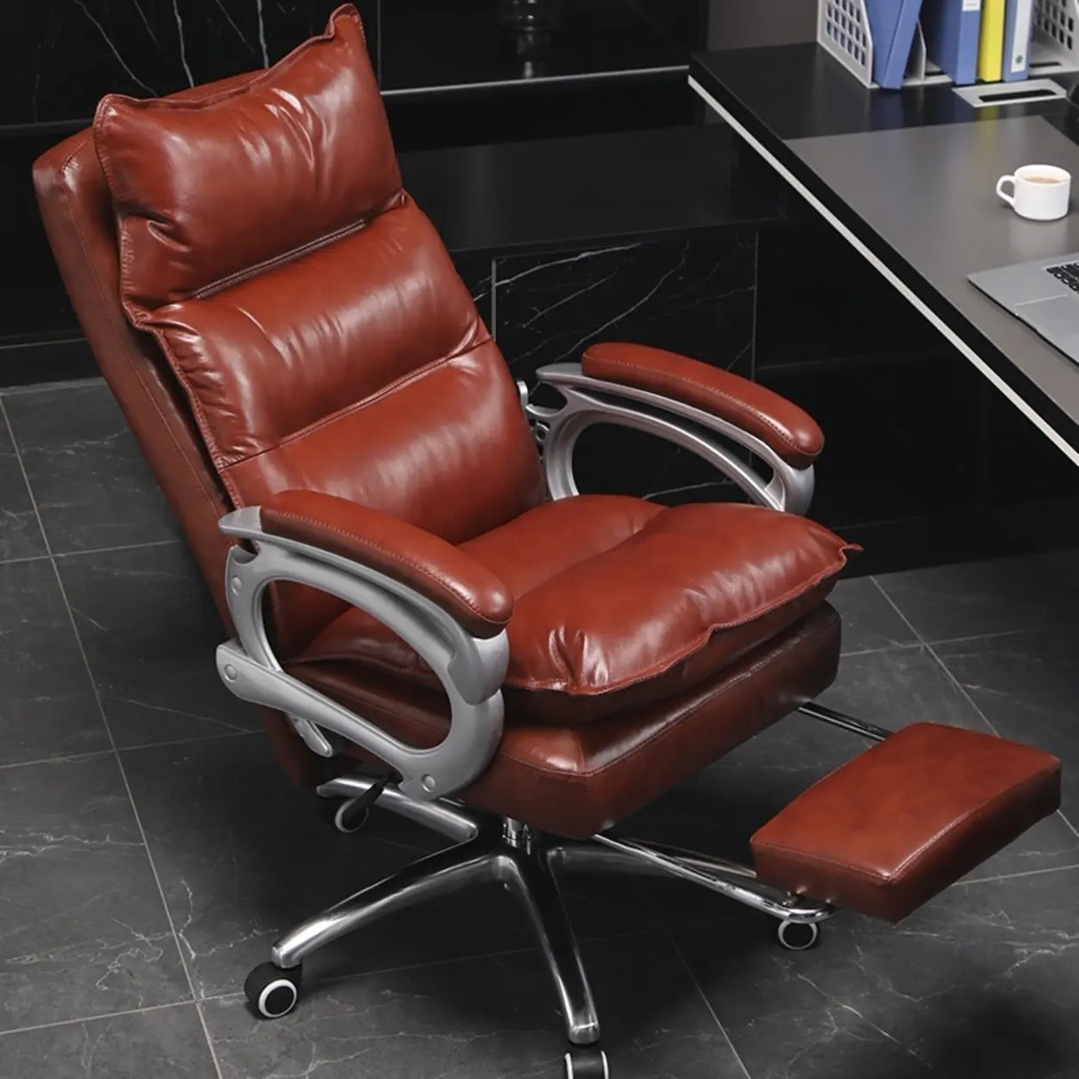 Adjustable Ergonomic Leather Swivel Recliner Office Chair Image - 3