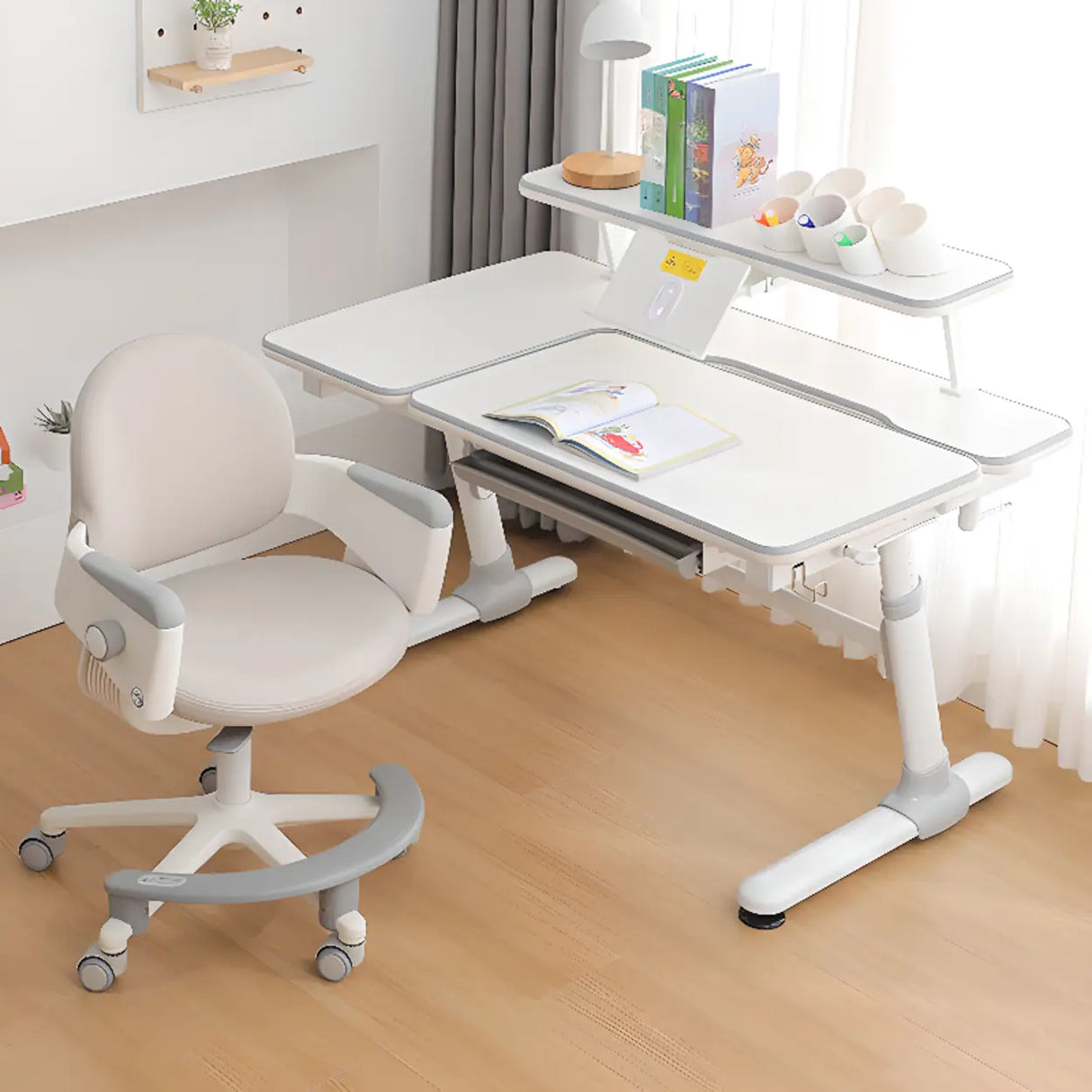 Adjustable Ergonomic White Wood Keyboard Tray Kids Desk Image - 4