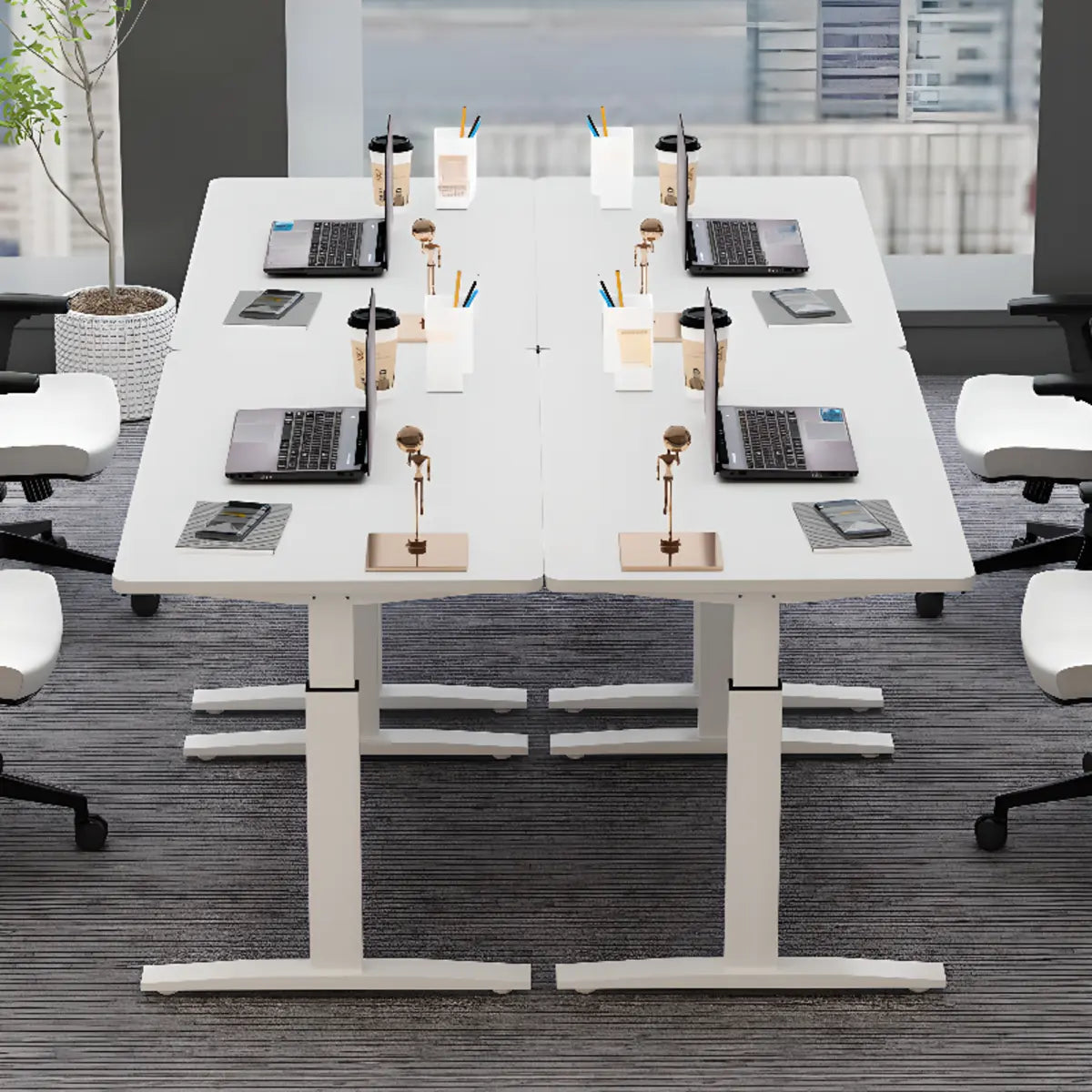 Adjustable Ergonomic White Wood T-Shape Computer Desk Image - 4