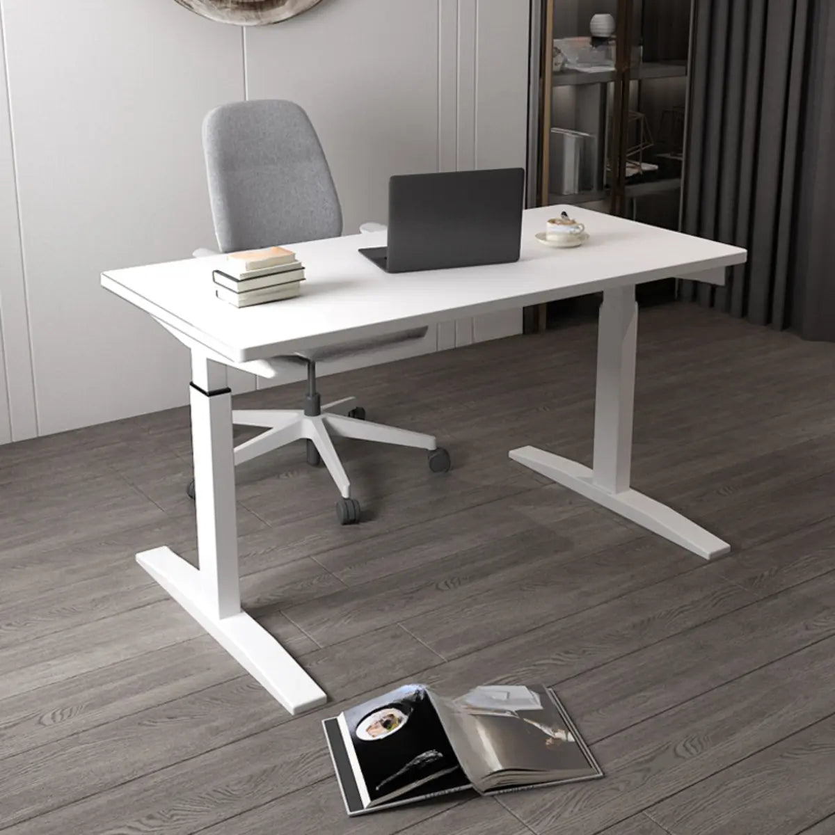 Adjustable Ergonomic White Wood T-Shape Computer Desk Image - 7