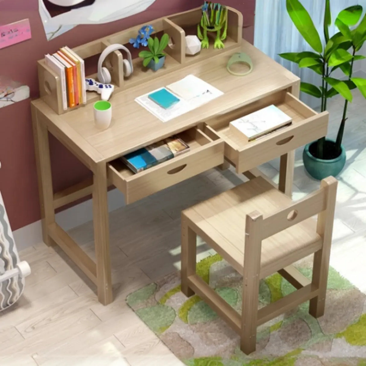 Adjustable Ergonomic Wood Kids Desk with Chair and Hutch Image - 2
