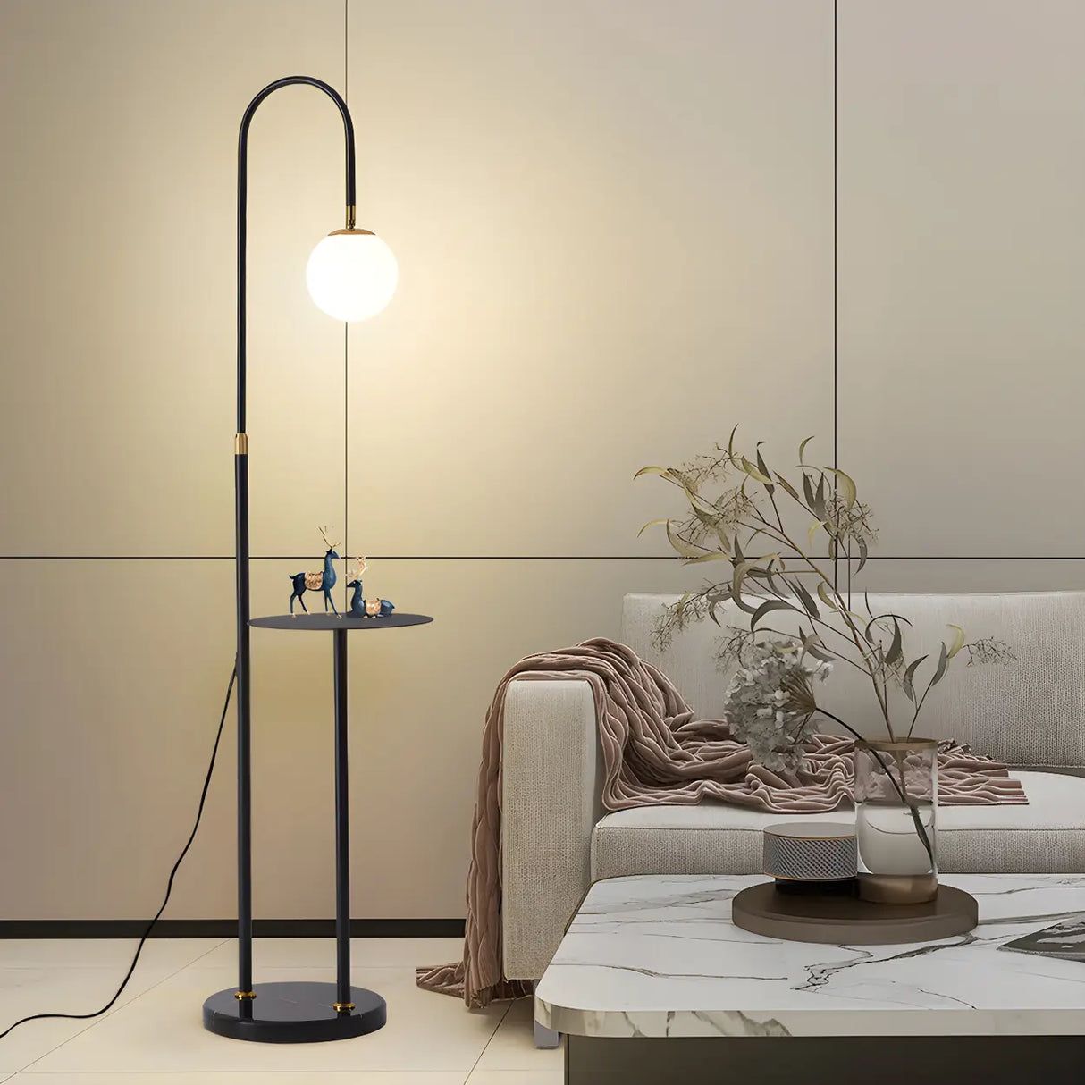 Adjustable Globe Modern Black Arc Floor Lamp with Shelf Image - 1