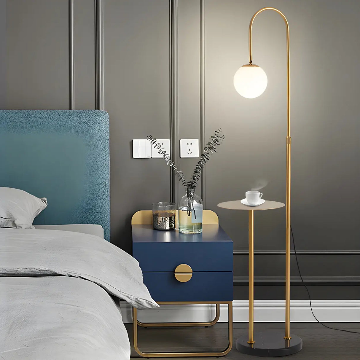 Adjustable Globe Modern Black Arc Floor Lamp with Shelf Image - 15