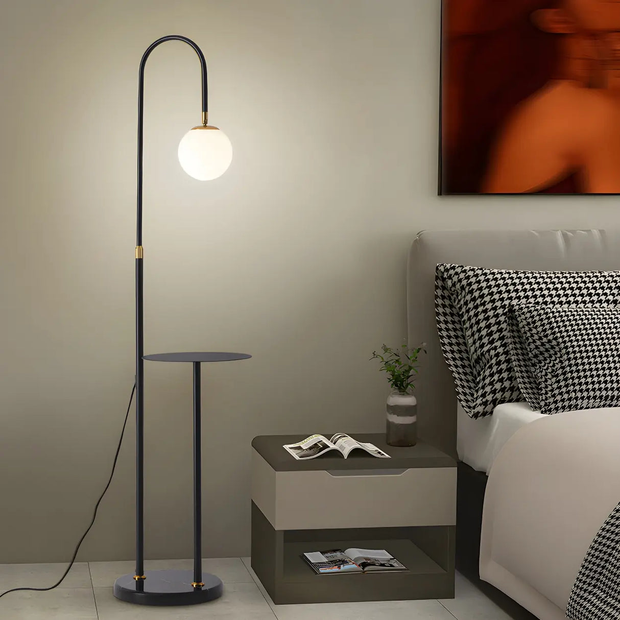 Adjustable Globe Modern Black Arc Floor Lamp with Shelf Image - 16