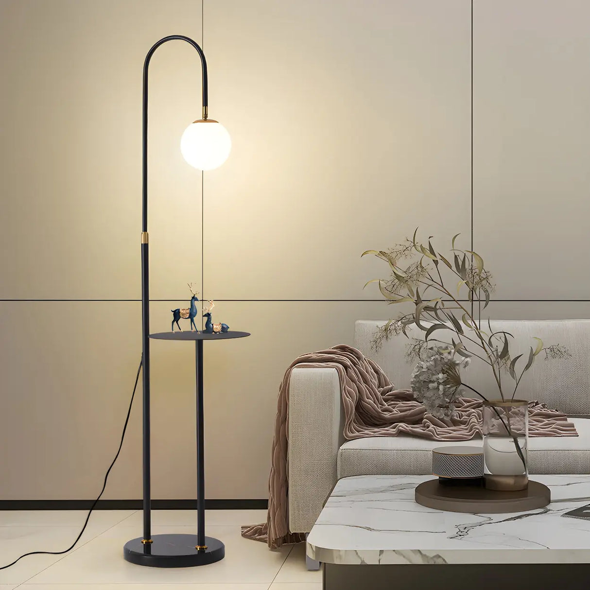 Adjustable Globe Modern Black Arc Floor Lamp with Shelf Image - 17