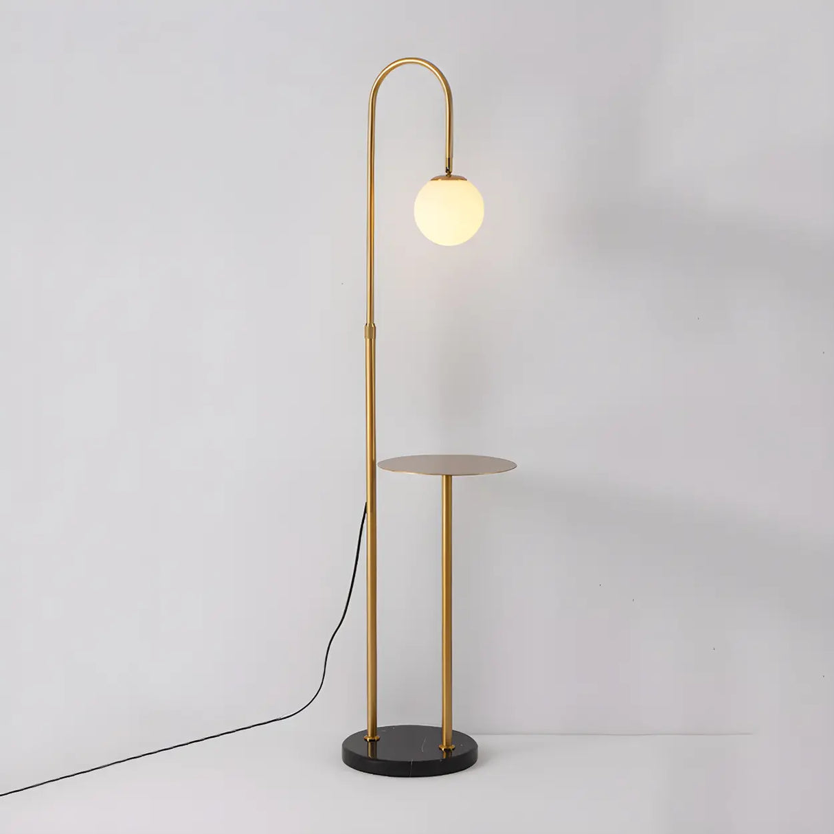 Adjustable Globe Modern Black Arc Floor Lamp with Shelf Image - 2