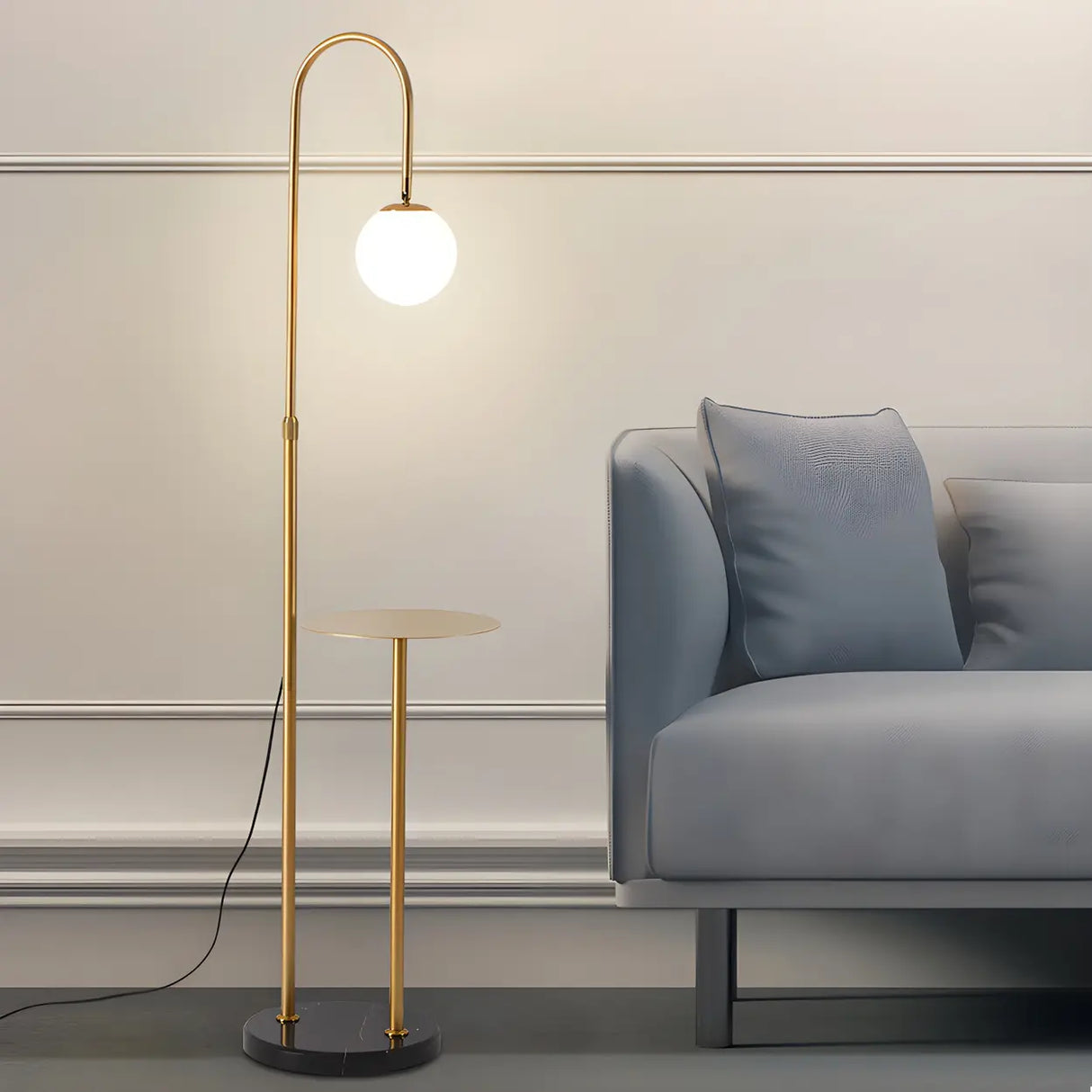 Adjustable Globe Modern Black Arc Floor Lamp with Shelf Image - 3