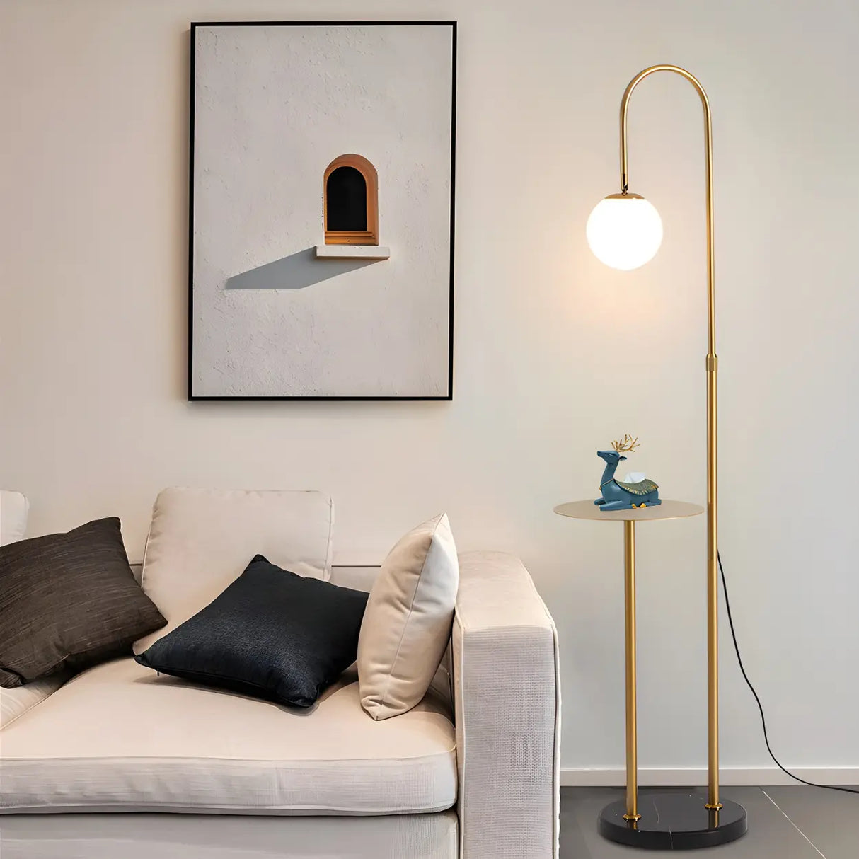 Adjustable Globe Modern Black Arc Floor Lamp with Shelf Image - 5