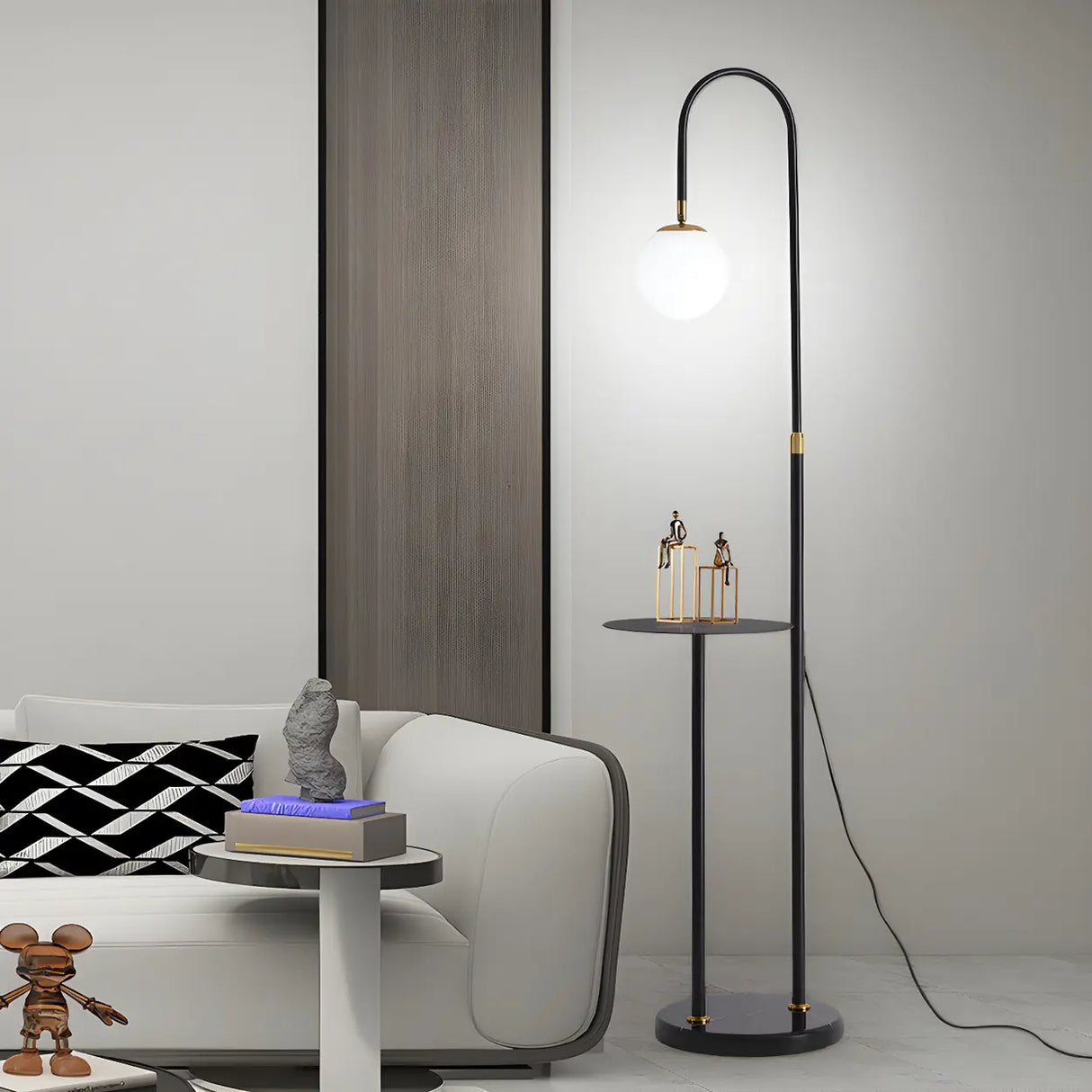 Adjustable Globe Modern Black Arc Floor Lamp with Shelf Image - 6