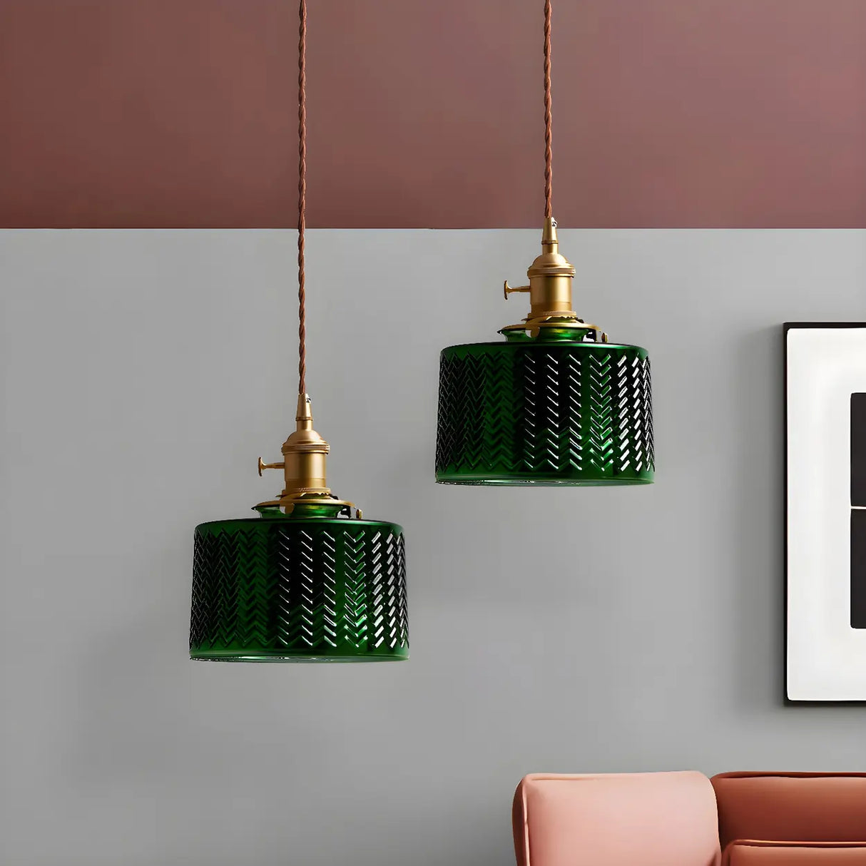 Adjustable Green Ribbed Glass Cylinder Pendant Light Image - 1