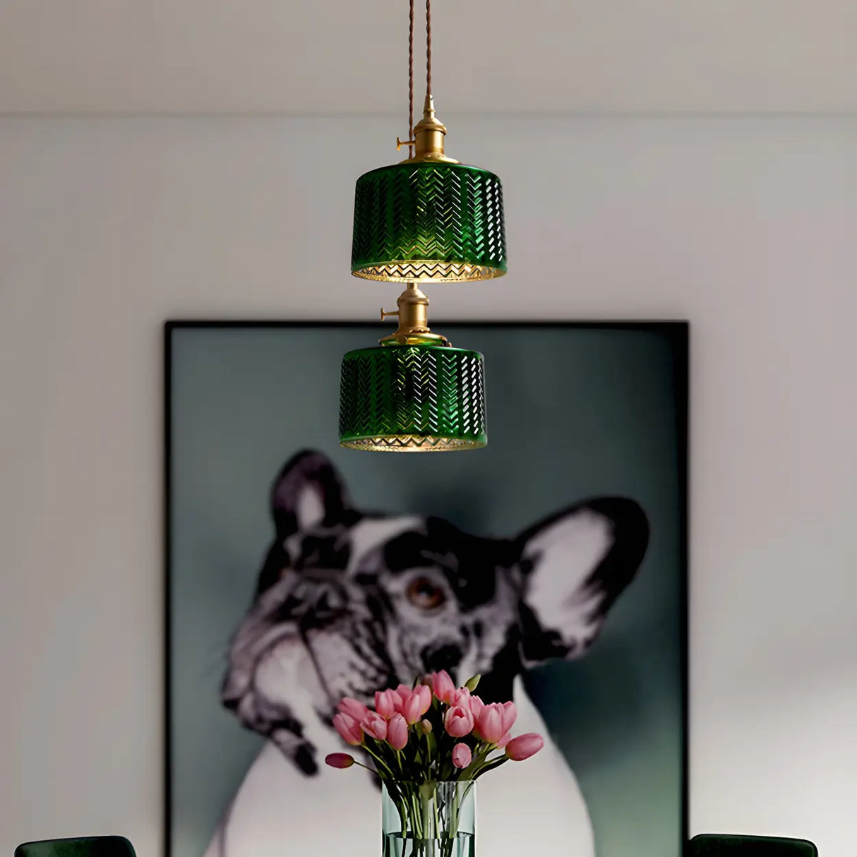 Adjustable Green Ribbed Glass Cylinder Pendant Light Image - 11