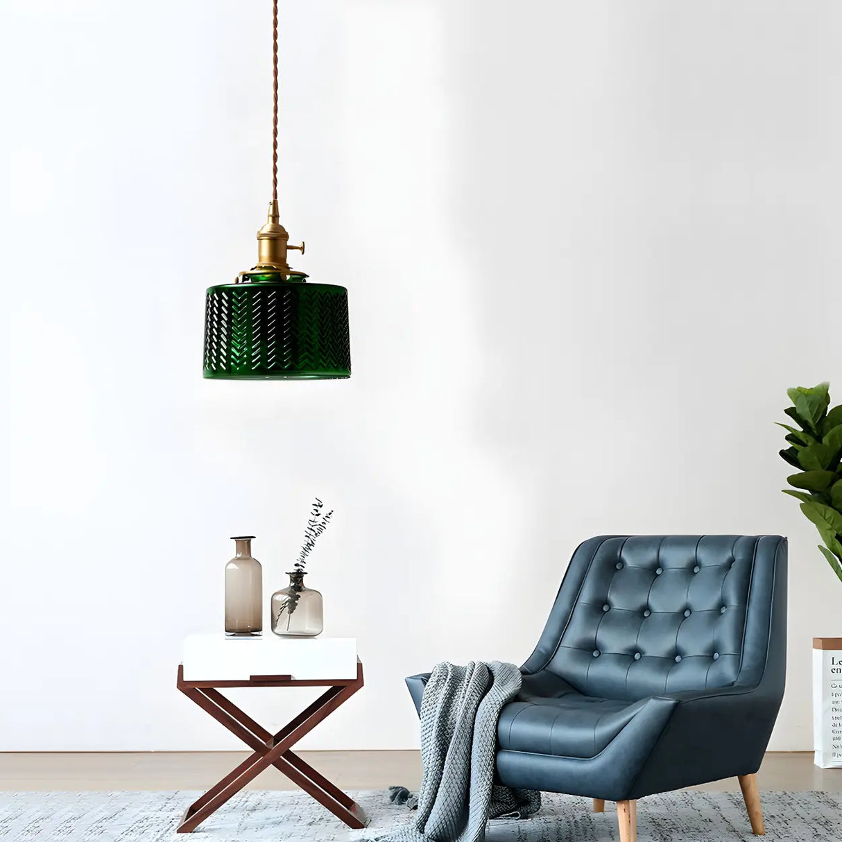 Adjustable Green Ribbed Glass Cylinder Pendant Light Image - 2