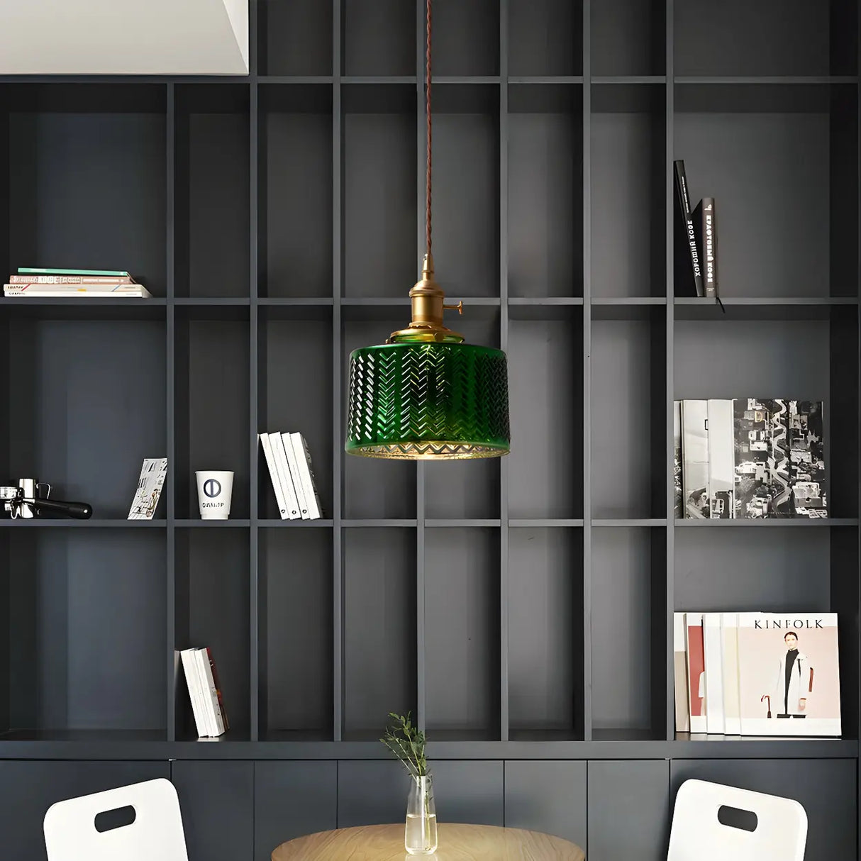 Adjustable Green Ribbed Glass Cylinder Pendant Light Image - 3