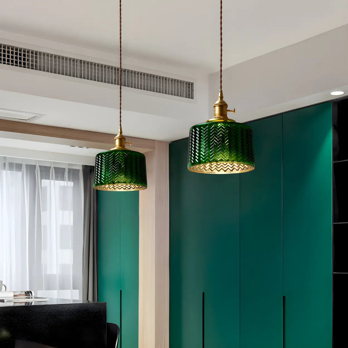 Adjustable Green Ribbed Glass Cylinder Pendant Light Image - 4