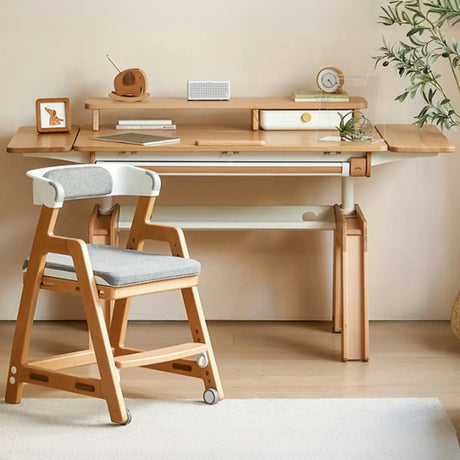 Adjustable Height Beech Wood Kids Desk with Shelf Image - 1