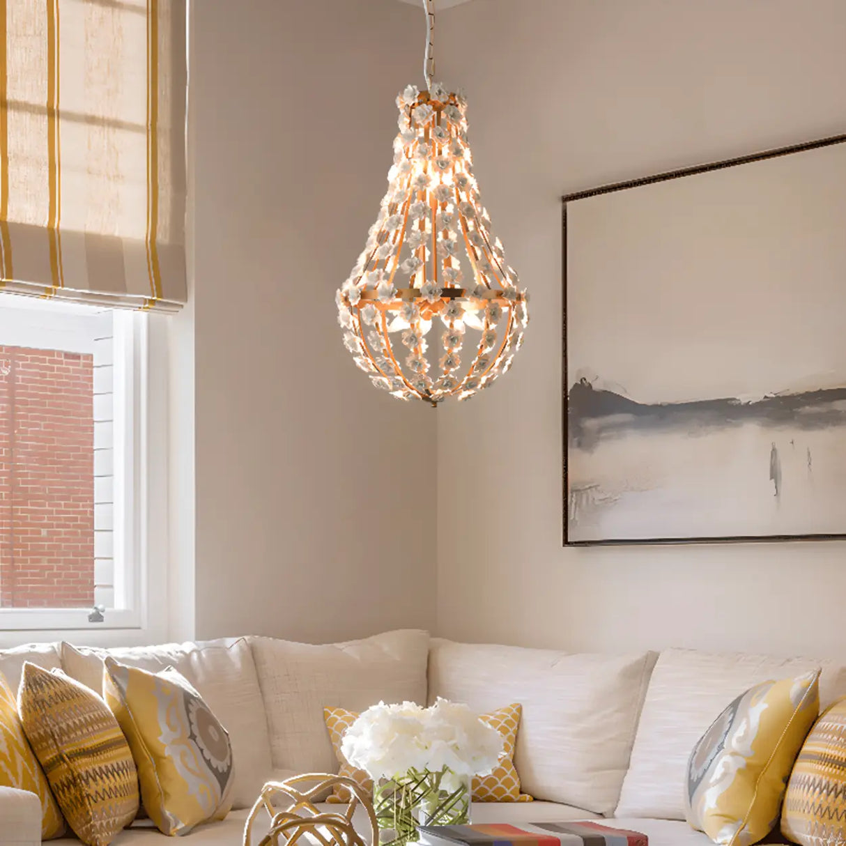 Adjustable Height Ceramics Flower Vintage Chandelier Image - 3