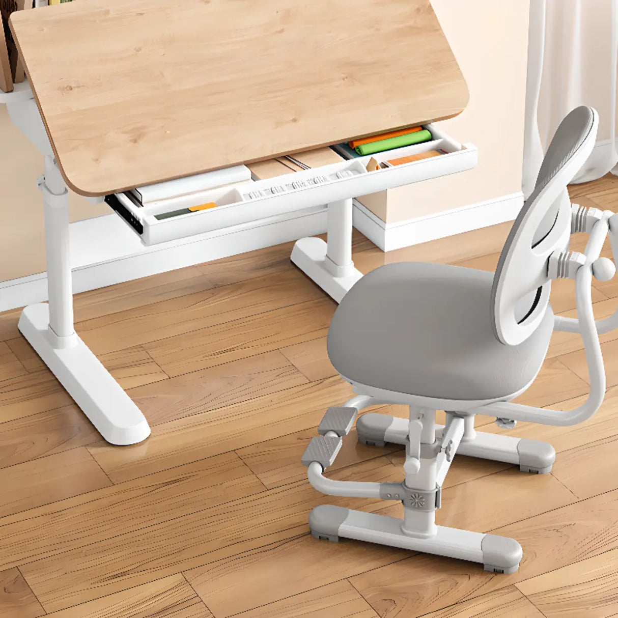 Adjustable Height Ergonomic Wood Kids Desk with Shelves Image - 12