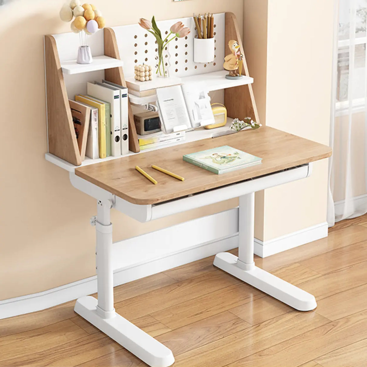 Adjustable Height Ergonomic Wood Kids Desk with Shelves Image - 2