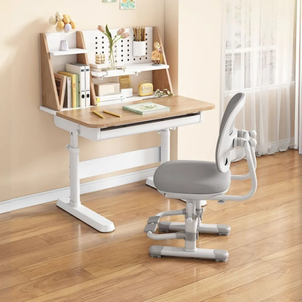 Adjustable Height Ergonomic Wood Kids Desk with Shelves Image - 4