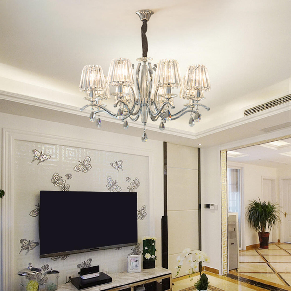 Adjustable Height Geometric Translucent Crystal Chandelier Image - 13