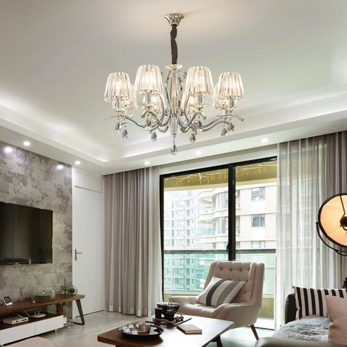 Adjustable Height Geometric Translucent Crystal Chandelier Image - 4