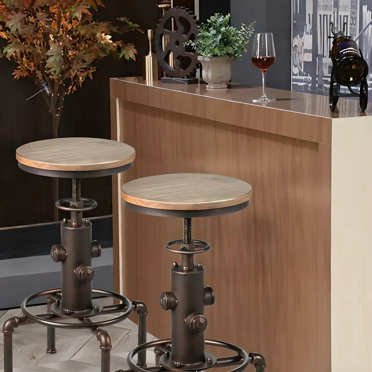 Adjustable Height Industrial Bar Table with Wood Top Image - 10