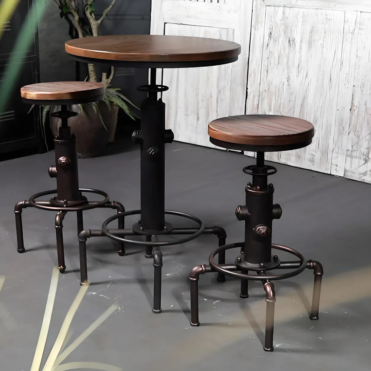 Adjustable Height Industrial Bar Table with Wood Top Image - 3