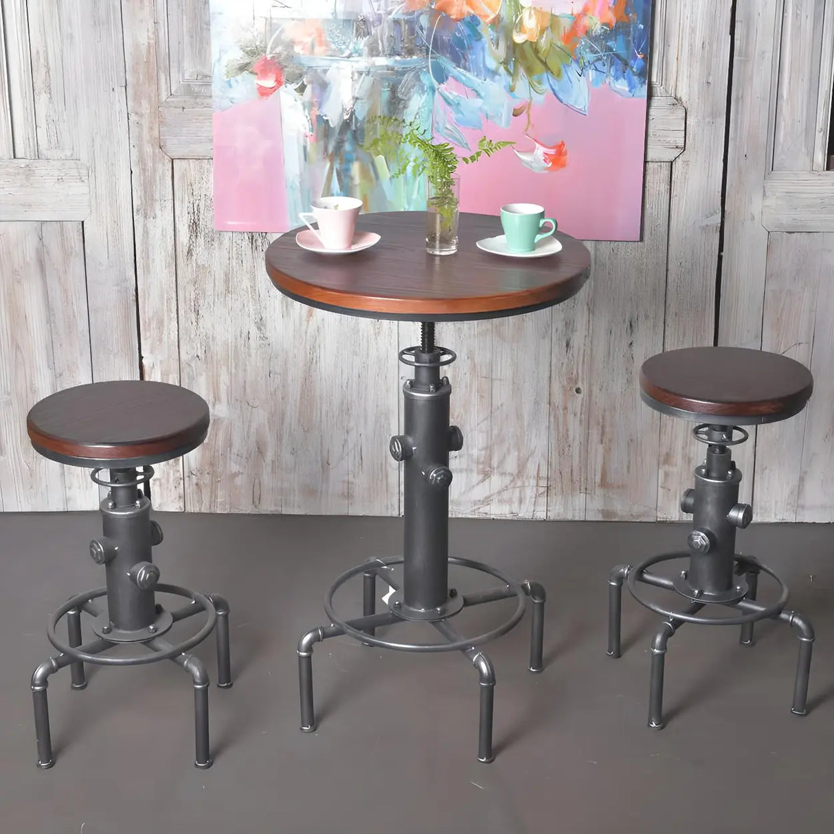 Adjustable Height Industrial Bar Table with Wood Top Image - 6