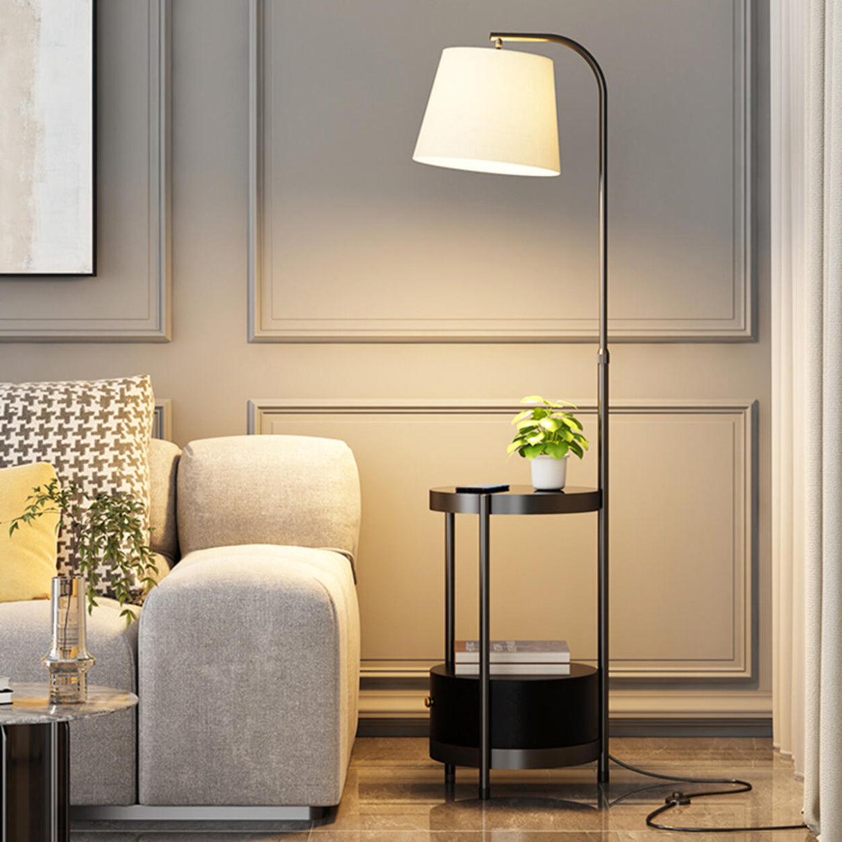 Adjustable Height Storage Shlef Side Table Floor Lamp Image - 1