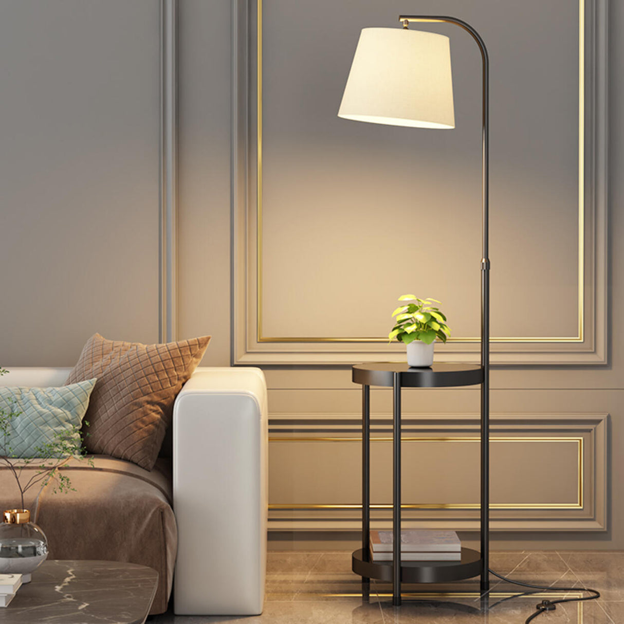 Adjustable Height Storage Shlef Side Table Floor Lamp Image - 2