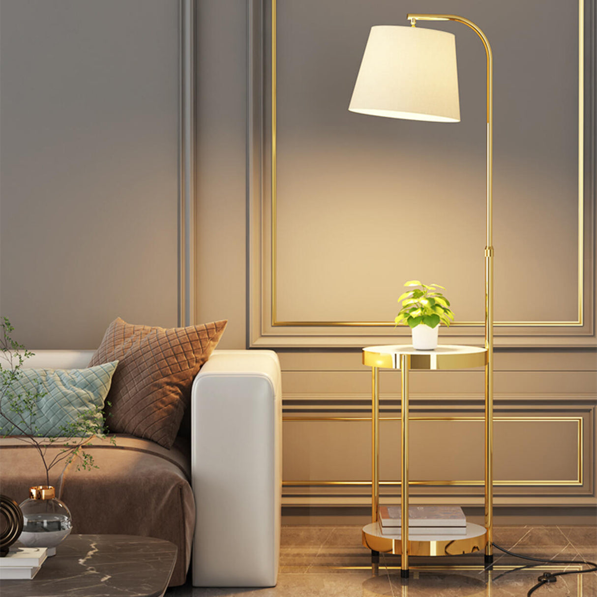 Adjustable Height Storage Shlef Side Table Floor Lamp Image - 3