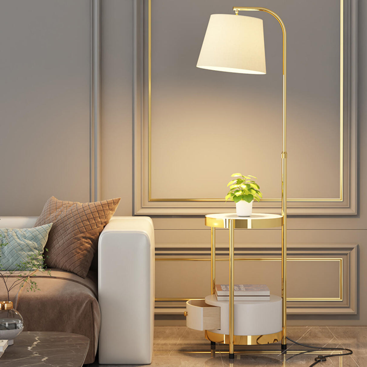 Adjustable Height Storage Shlef Side Table Floor Lamp Image - 4