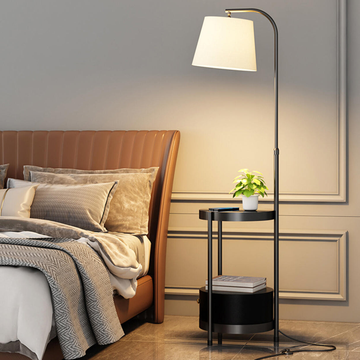 Adjustable Height Storage Shlef Side Table Floor Lamp Image - 5