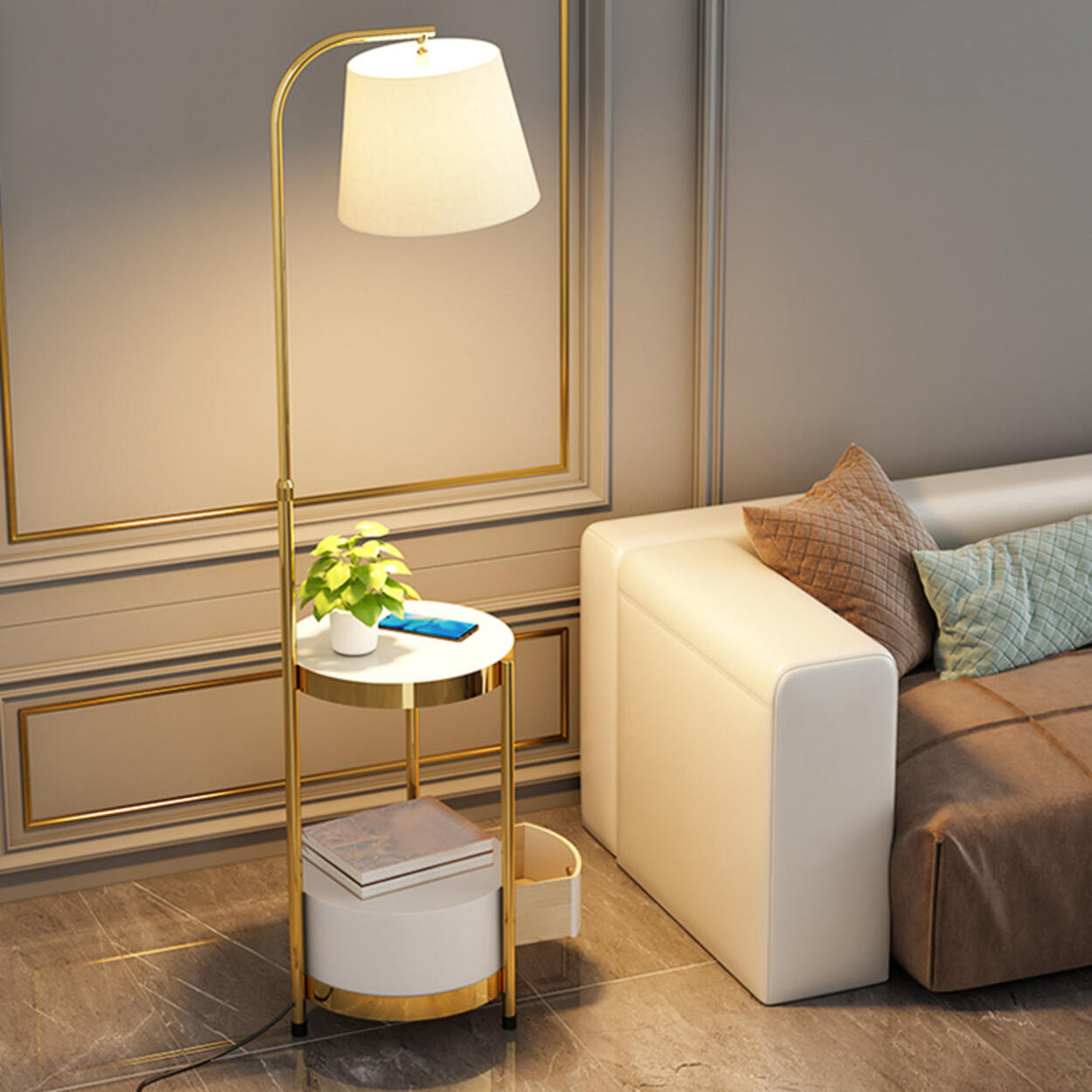 Adjustable Height Storage Shlef Side Table Floor Lamp Image - 6