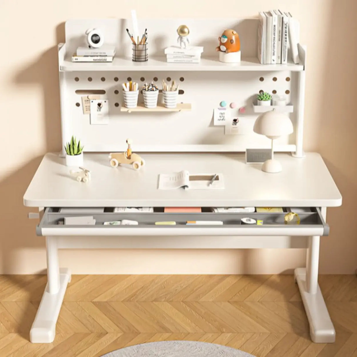 Adjustable Height White Metal Base Kids Desk with Hutch Image - 1