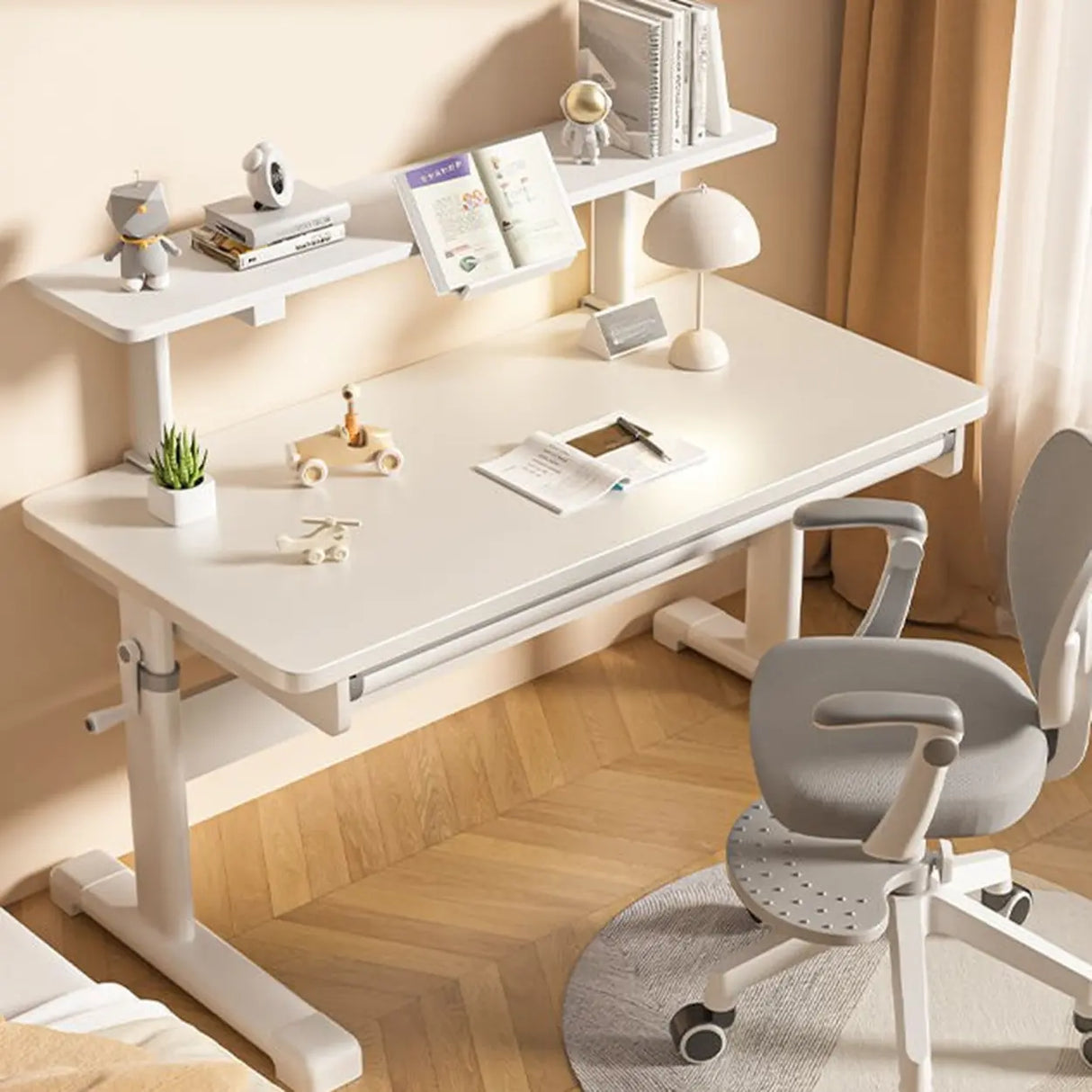 Adjustable Height White Metal Base Kids Desk with Hutch Image - 13